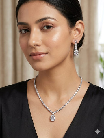 Luxury Crystal Drop Necklace & Dangle Earrings Set – Silver-Tone Bridal & Evening Jewelry