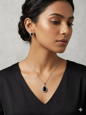 Elegant Teardrop Black Crystal Pendant Necklace & Earrings Set – Silver-Tone Luxury Jewelry
