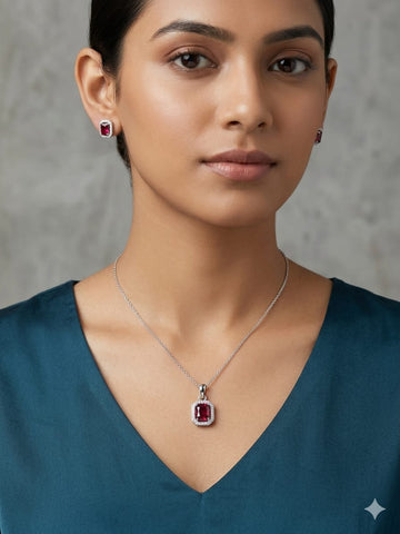Elegant Ruby Halo Pendant Necklace & Stud Earrings Set – Silver-Tone Minimal Jewelry