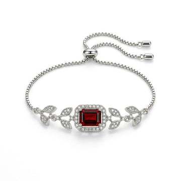 Emerald-Cut Garnet Red Bolo Bracelet in Sterling Silver – Adjustable Leaf Accent Halo Bracelet