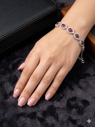 Luxury Teardrop Ruby Bracelet – Sterling Silver Halo Link Bracelet for Women