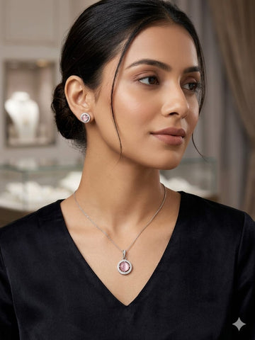 Blush Pink Crystal Halo Pendant Necklace & Stud Earrings Set – Elegant Silver-Tone Jewelry