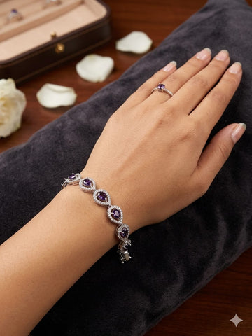 Elegant Purple Gemstone Teardrop Bracelet – Silver-Tone Crystal Halo Luxury Jewelry