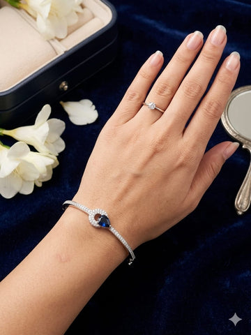 Midnight Sapphire Halo Bracelet – Minimalist Silver Crystal Cuff