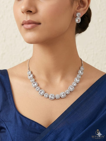 Luxury Crystal Halo Necklace & Stud Earrings Set – Silver-Tone Statement Jewelry